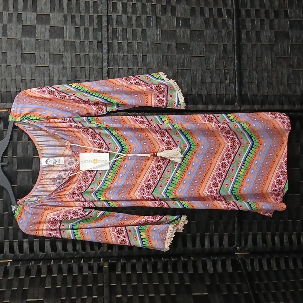 NWT 2 B Together Colorful Boho Style Bell Sleeves Dress Size L